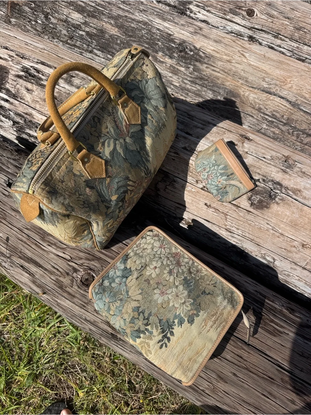 Vintage 80s French Luggage Co tapestry suede handbag purse bag set